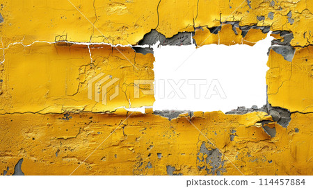 Hole in the wall of bricks against a white background. Shabby Building Facade 114457884