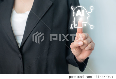 Business person showing hands gesture with AI icon. Artificial intelligence has become a critical technology in today's world and how it's transforming the way we think and live. 114458594