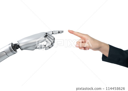 Ai hand with human hand trying to touching each others isolated on white background. 114458626