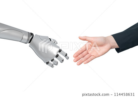 Ai hand with human hand trying to making handshake to each others isolated on white background. 114458631