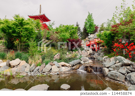 Japanese asian garden in Krasnodar Galitsky park. Traditional park with pond 114458874