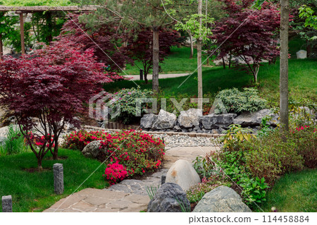 Japanese garden in Krasnodar Galitsky park. Traditional asian park with red acer trees Japanese garden in Krasnodar Galitsky park. Traditional asian park with red acer trees 114458884