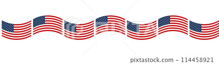 Decorative border with wavy Flag of the United States pattern, alternately curved up and down. Seamless tile with the American flag, The Stars and Stripes, Old Glory, or also The Star-Spangled Banner. 114458921
