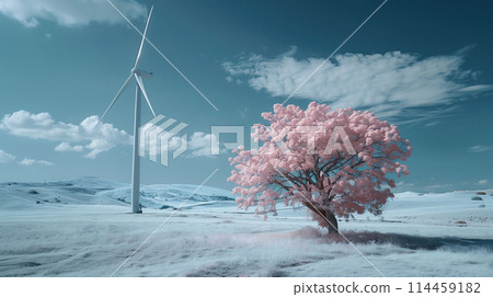 A pink tree with full blooms stands next to a white wind turbine 114459182