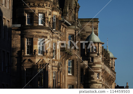 Old European cathedral towers over historic streets 114459503