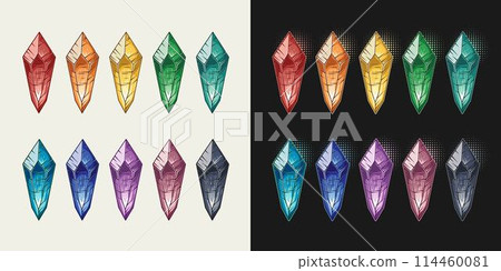 Set of color monochrome crystal gems on white, black background. Magical, glowing minerals inside. Fantasy, mystical concept. Ruby, sapphire, emerald, topaz amethyst gems. Vintage style 114460081
