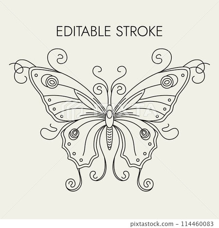 Fantasy butterfly with curled antennae, stretched wings in Art Nouveau style. Single isolated black and white illustration in vintage style. Top view. Editable stroke, outline, contour Fantasy butterfly with curled antennae, stretched wings in Art Nouveau style. Single isolated black and white illustration in vintage style. Top view. Editable stroke, outline, contour 114460083