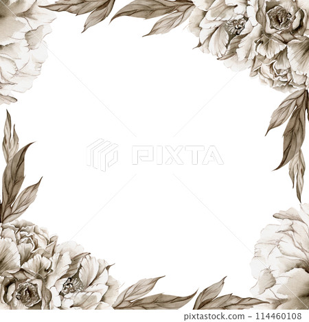 Hand drawn watercolor grisaille monochrome peony tulip rose flowers, buds and leaves. Border frame isolated on white background. Invitations, wedding or greeting cards, floral shop, print, textile 114460108