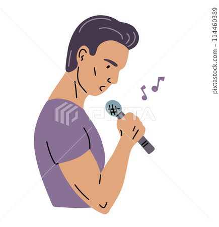 A young man sings into a microphone 114460389
