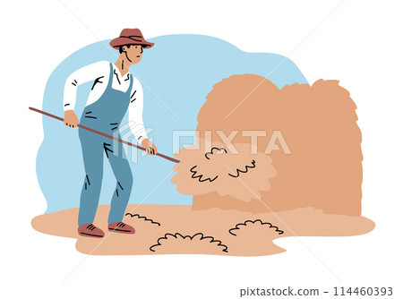 Village farmer man collecting hay in a stack Village farmer man collecting hay in a stack 114460393