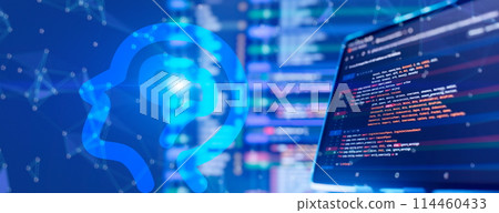 Work from home. Programmer coding code on notebook screen at home. 114460433