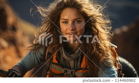 a woman with long hair is riding a bike in the desert 114460902