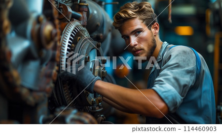 Man working on machine in factory for automotive tire production event 114460903