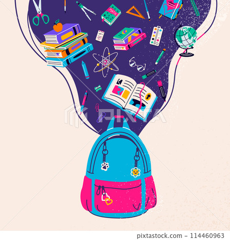 School supplies flying in the air above backpack in foreground vector illustration. Back to school and education texture concept background 114460963