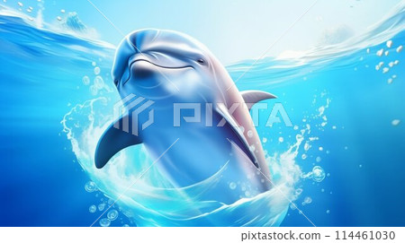 Dolphin with Water Splashes on Blue Ocean Background. Generative ai Dolphin with Water Splashes on Blue Ocean Background. Generative ai 114461030