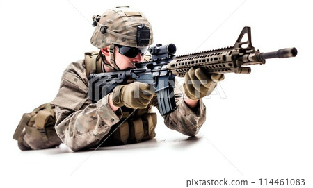 Military Soldier Aiming Rifle Isolated on White. Generative ai 114461083