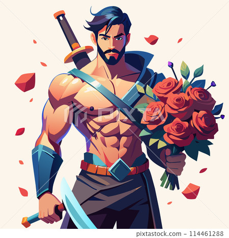 A man with a sword and a bouquet of roses. 114461288