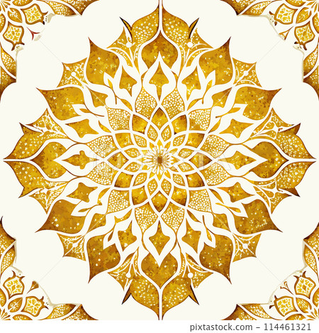 A gold and white mandala seamless pattern with a yellow center. The design is intricate and detailed, with a lot of small elements that make up the larger pattern. 114461321