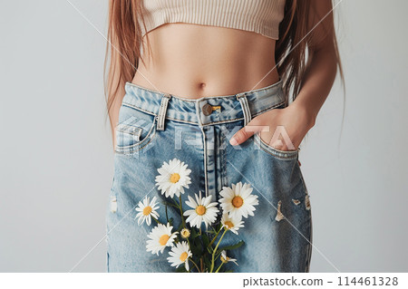A woman is holding a bunch of flowers in her jeans pocket. Concept of playfulness and whimsy 114461328