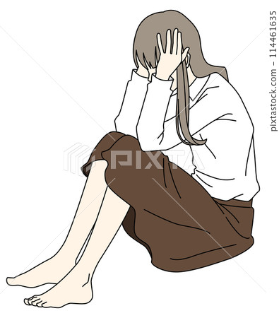 A woman sitting on the floor with her head in a worried state A woman sitting on the floor with her head in a worried state 114461635