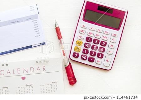 statement of credit card, calendar and calculator for check pay money  114461734