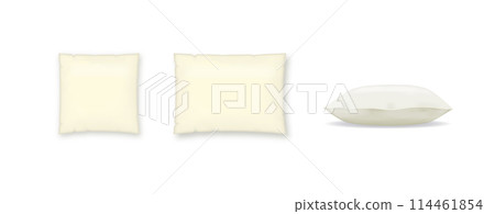 White pillow square shape top, side and front view. Realistic cushion for sleep mockups set pillow isolated on white. Vector 114461854