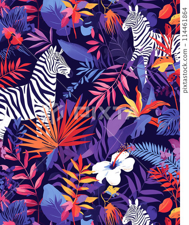 A purple pattern with small zebra and a very limited amount of palm leaves and flowers . There should be lots background in a dark blue. 114461864