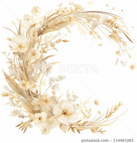 A flowery wreath with a gold frame border. The flowers are in various shades of pink and purple 114461865