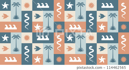Summer tropical pattern boho style. Palm trees starfish wave sun bird snake  114462565