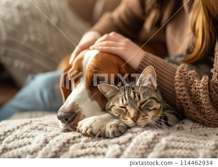 A woman petting her dog and cat while sitting on the sofa at home, focusing on hands touching the head of a basset hound dog and a grey tabby short hair housecat with brown ears 114462934