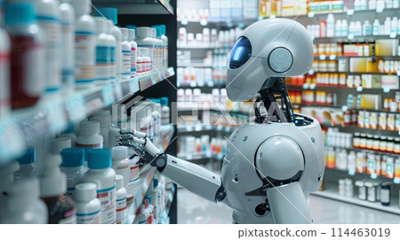 a robot with artificial intelligence selects medicines in a pharmacy a robot with artificial intelligence selects medicines in a pharmacy 114463019