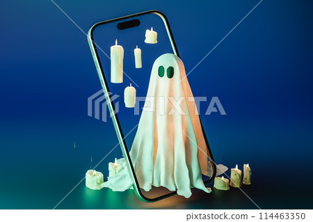 3d rendering of mockup smartphone ghost costume and glowing candle placed 114463350
