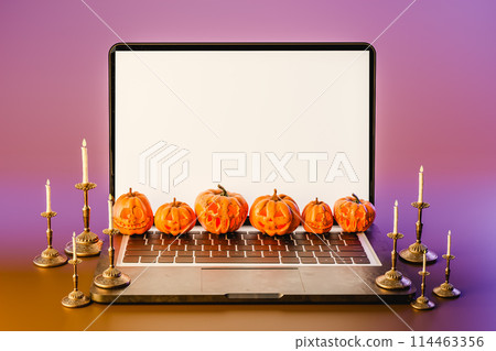 3d rendering of glowing candles and pumpkins placed on open laptop for Halloween celebration 3d rendering of glowing candles and pumpkins placed on open laptop for Halloween celebration 114463356