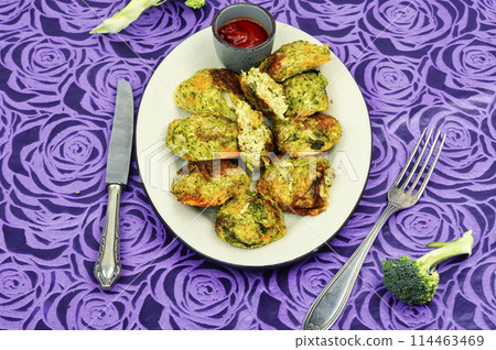 Vegetarian broccoli cutlets on the table. Vegetarian broccoli cutlets on the table. 114463469