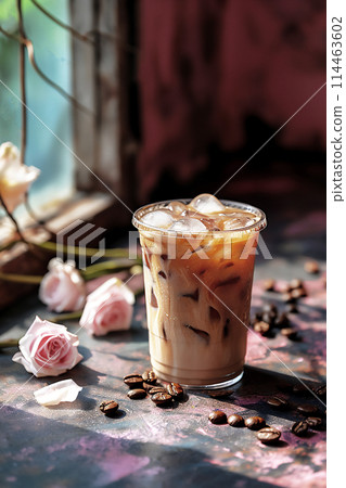 Tall crystal glass of iced coffee adorned with flowers in sunlight on summer day. Cafe menu concept or any food and drinks design project. 114463602