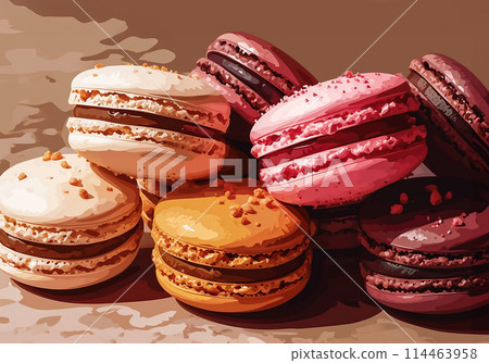 Pile of colorful macarons assorted on light pastel beige background. French pastry with different flavors. Culinary and cooking concept. 114463958