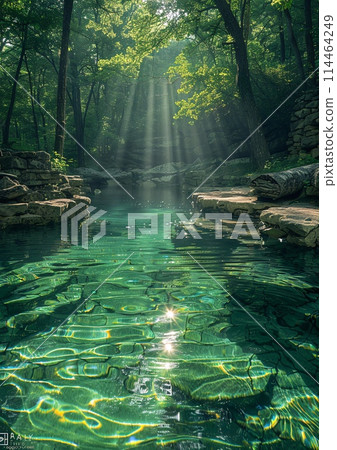 Mystical Woodland Pool: Sunbeams Illuminate Lush Foliage and Crystal Waters 114464249