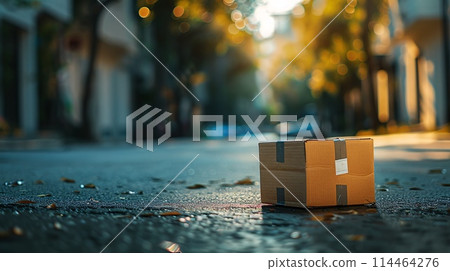 Rain-Kissed Parcel: A Cardboard Box s Melancholic Serenity 114464276