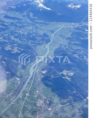 Aerial photo of city and mountains Italy, Bergami, Milan from airplane 114464316