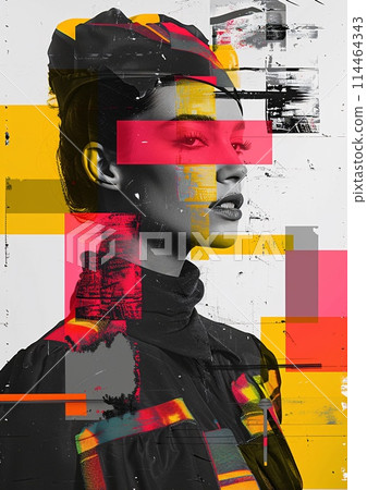 Trench Coat Elegance Amidst Abstract Color Splashes and Textured Lines 114464343