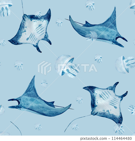 Manta ray and jellyfish watercolor seamless pattern on blue. High quality hand-drawn monochromatic illustration for notebooks, posters, wallpaper, textile, beach towel, wrapping paper and room decor 114464480