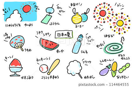 Manga-style Japanese summer material set, onomatopoeia, sound effects, simple line drawing illustrations Manga-style Japanese summer material set, onomatopoeia, sound effects, simple line drawing illustrations 114464555