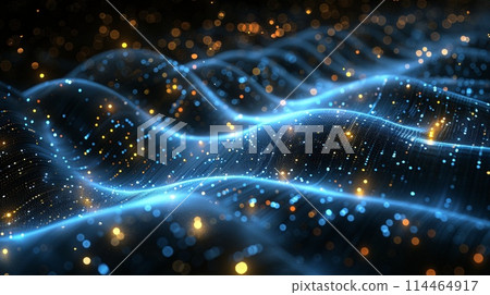 Neon Glow of Technology: Dynamic Blue Waves and Particles 114464917