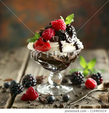 Italian tiramisu dessert with raspberry berries 114465014