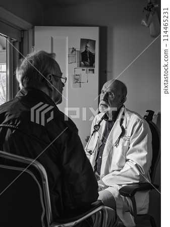 Vintage monochrome photorealistic image of doctor comforting patient in chair 114465231