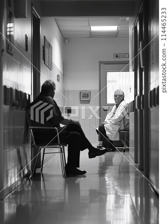 Doctor discussing hospital procedure with patient, authentic storytelling photography style style 114465233