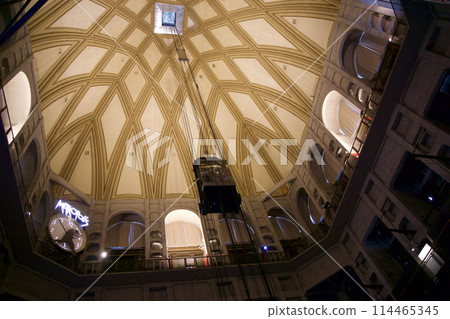 TURIN, ITALY - 15 SEP 2019: A lift inside the famous Mole Antonelliana TURIN, ITALY - 15 SEP 2019: A lift inside the famous Mole Antonelliana 114465345