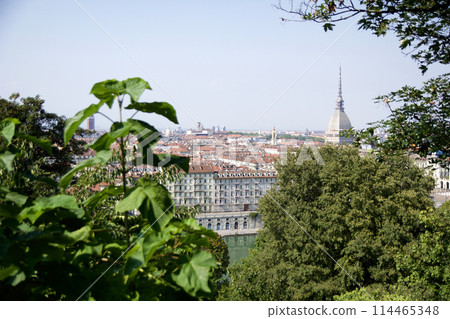 TURIN, ITALY - 15 SEP 2019: Panoramic view of the Turin skyline from the hill, with the Mole Antonelliana and other famous buildings 114465348