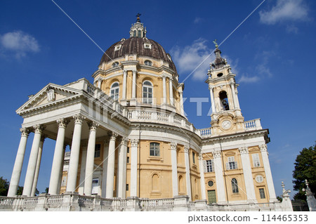 TURIN, ITALY - SEP 14, 2019: Close-up of the Superga, actually Basilica della Nativita di Maria Vergine, is an important pilgrimage church near Turin in Italy TURIN, ITALY - SEP 14, 2019: Close-up of the Superga, actually Basilica della Nativita di Maria Vergine, is an important pilgrimage church near Turin in Italy 114465353