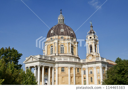 TURIN, ITALY - SEP 14, 2019: Close-up of the Superga, actually Basilica della Nativita di Maria Vergine, is an important pilgrimage church near Turin in Italy 114465383